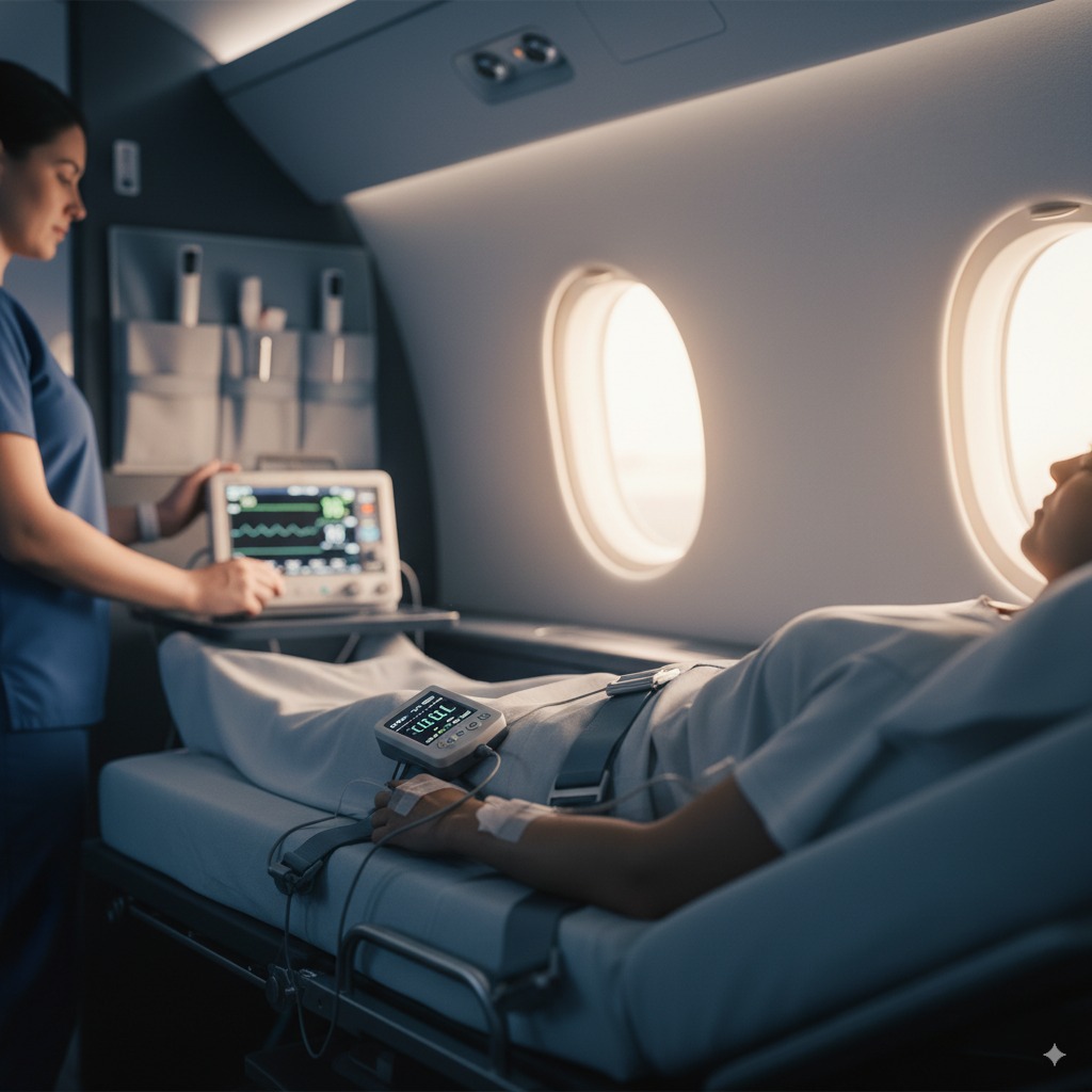 Patient monitoring equipment inside a medically configured aircraft cabin
