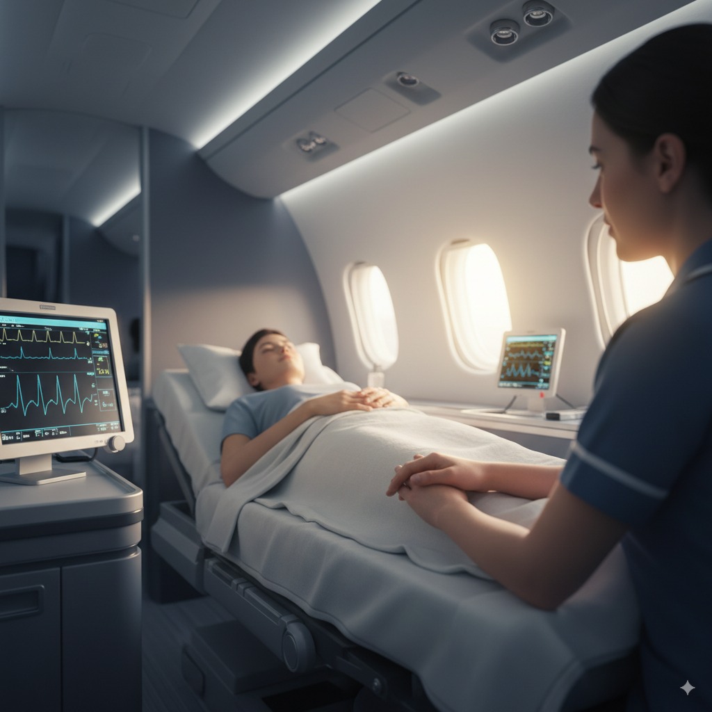 Flight nurse monitoring a patient on a stretcher during a California medical transport
